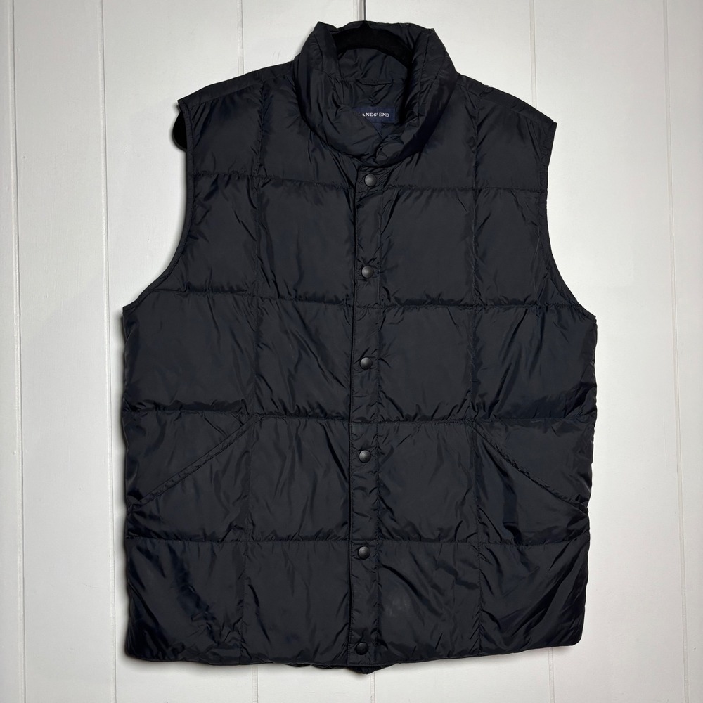 Lands End Mens Black Down Puffer Vest Quilted Snap Front M Ski Outdoor Insulate